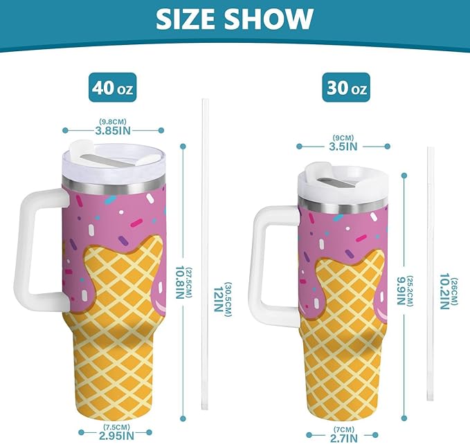 Boccsty Waffle Ice Cream Cone Pink Insulated Tumblers Reusable Stainless Steel Tumbler 30 oz Cup Coffee Travel Mug Water Bottle with Handle & Flip Straw for Home Office Car