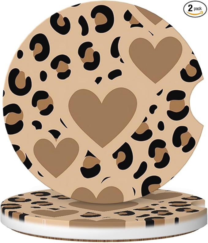 Absorbent Ceramic Car Coasters for Cup Holders, Brown Love Leopard Cheetah Print Design 2.56" Anti Slip Universal Drink Cup Coasters for Women Men (2 Pack)