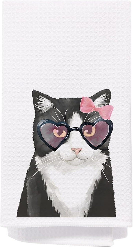 SPBL&L Cat Bow Dish & Hand Towels, 16x24 inches - Pink, Black - Bathroom & Kitchen Decor, Cat Gifts
