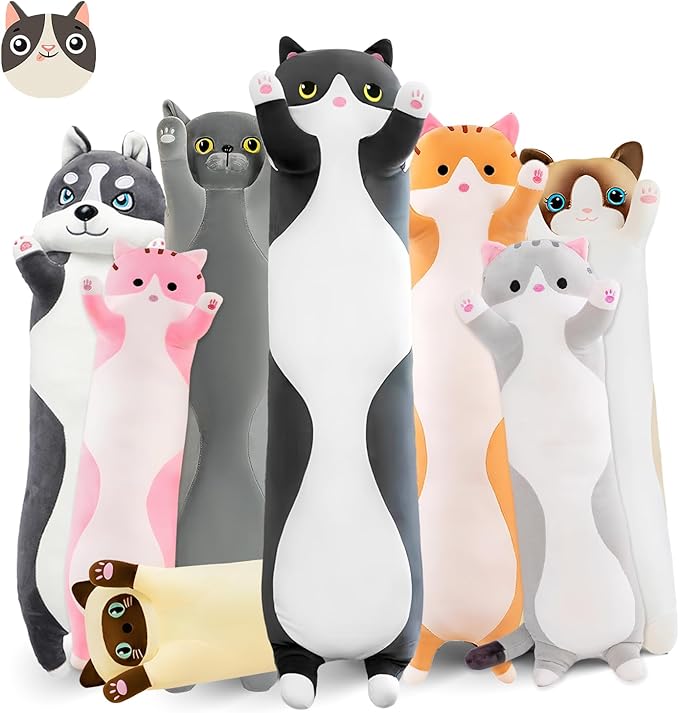 Long Cat Plush Pillow, 27.6in Cute Black Cat Plushie Stuffed Animals Body Pillow, Kawaii Kitten Soft Plushie Doll Toy Birthday Gift for Kids Girlfriend