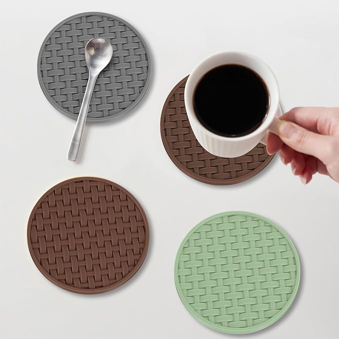 Brown Silicone Coasters 6 Packs with Holder, Heat Resistant & Waterproof Cup Mats, 4 Inches Non-Slip Decorative Coster Set for Home, Office, Kitchen, Coffee Bar Table