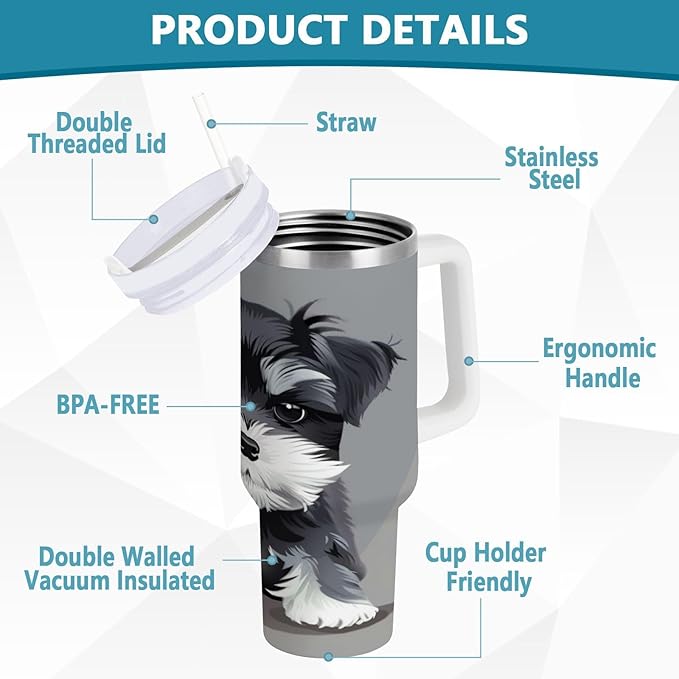 Boccsty Grey Schnauzer Dog Insulated Tumblers Reusable Stainless Steel Tumbler 40 oz Cup Coffee Travel Mug Water Bottle with Handle & Flip Straw for Home Office Car