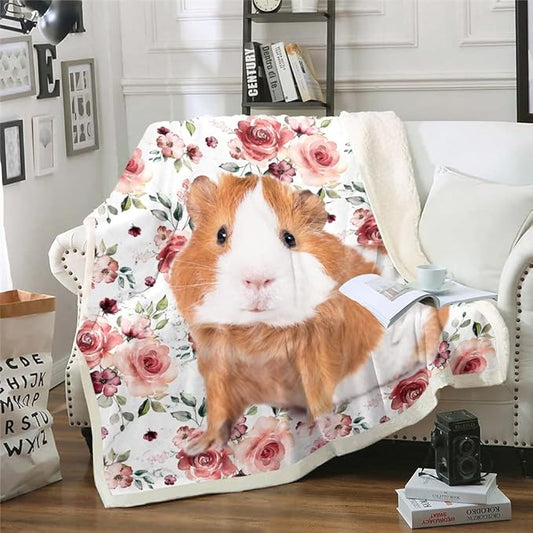 Guinea Pig Sherpa Blanket for Boys & Girls - Twin Size, Cute Animal Print, Red Roses, Botanical Blossoms & Flowers, 3D Pattern, Kids Throw Blanket