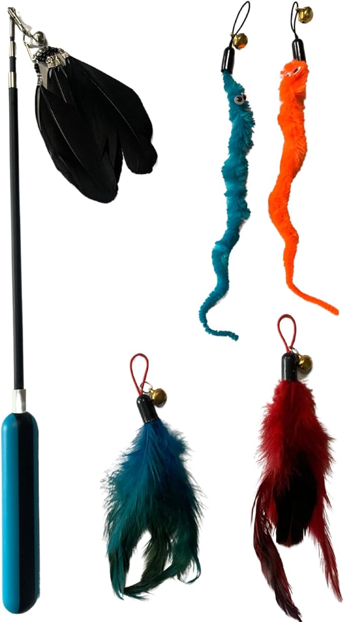 Interactive Cat Toy - Kitten Toys - Cat Wand Toy - Indoor Cat Toys - Cat Exercise - Cat Feather Wand- Cat Stick Toy - Cat Teaser Wand - Cat Worm Toy - Cat Play - Cat Toy Stick - Wand Cat Toy