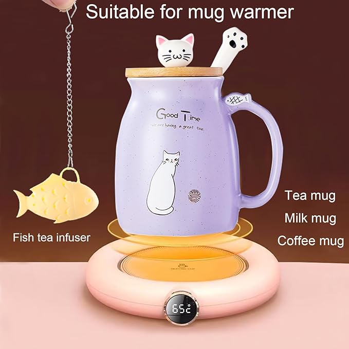BigNoseDeer Cat Mug Kawaii Tea Cup with Infuser and Lid Purple Cat Ceramic Coffee Mug Cute Cool Preppy Stuff Birthday Gifts for Mom Gifts for Women Girlfriend Girls Cat Lover Gifts(13oz)