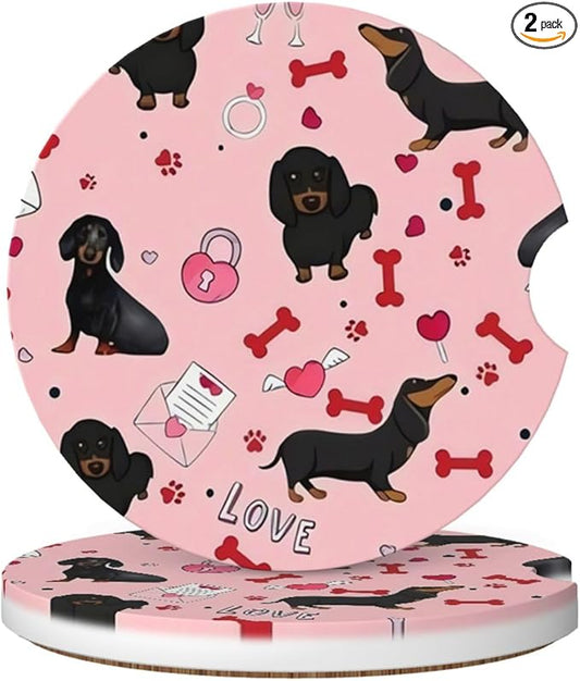 Absorbent Ceramic Car Coasters for Cup Holders, Cute Pink Dachshund Design 2.56" Anti Slip Universal Drink Cup Coasters for Women Men (2 Pack)