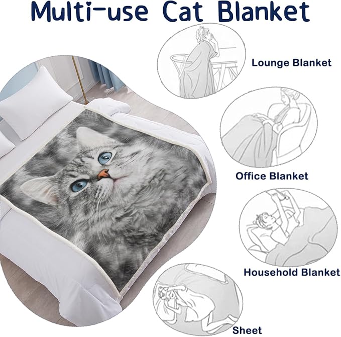 SOULZZZ Gray Cat Blankets for Cat Lovers Kids & Adults Cute Grey Cat Fleece Sherpa Blanket for Bed Chair Couch Travel Cat Themed Gifts for Women & Girls (50x60 Inches)