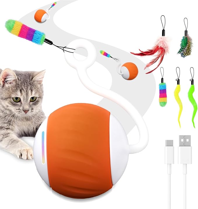 Cat Balls Interactive Cat Toys for Indoor Cats 6-in-1 Rollie Pet Smart Cat Toy Ball Speedy Tail Cat Toy Mouse LED Rainbow Lights Feathers USB Charging, Touch Control and Sound Control (Orange)