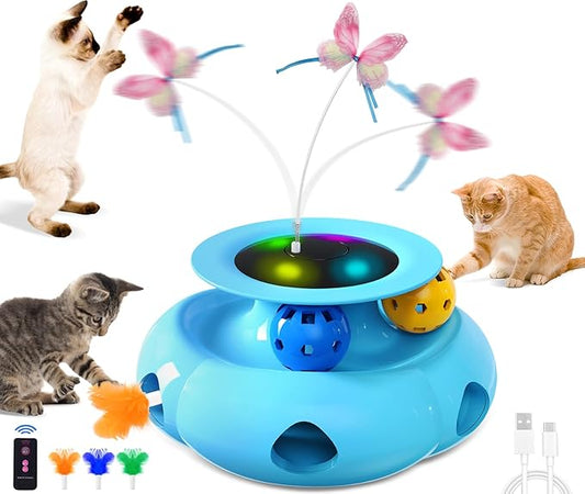 Interactive Cat Toys for Indoor Cats Rechargeable 3in1 Ambush Feather, Fluttering Butterfly, Track Balls, Automatic Kitten Toys Touch Activated, 2 Refill Feather
