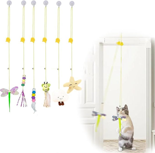 AYWVRBST 6Pcs Retractable Cat Toy with Bell, Hanging Interactive Cat Toy 6 Different Pieces, Cat Chase Practice, Indoor Cat Self-Play Toy, Cat Teaser Toy with Adhesive Hooks