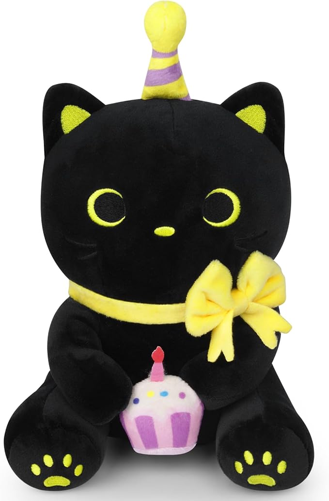 Black Cat Plush - 8 Inch Soft Cat Happy Birthday Stuffed Animal, Birthday Gifts for Kids Boys Girls