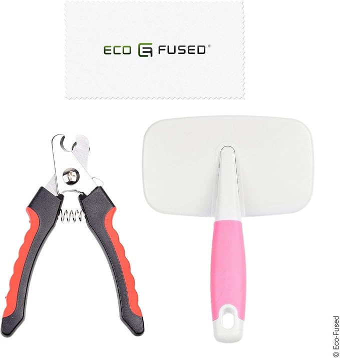 Eco-Fused Slicker Brush and Nail Clippers for Dogs, Cats and Other Pets - Essential Animal Grooming/Claw Care Tools - Ideal Trimmers to Clip Thick Nails (Pet Brush + Clipper Bundle)