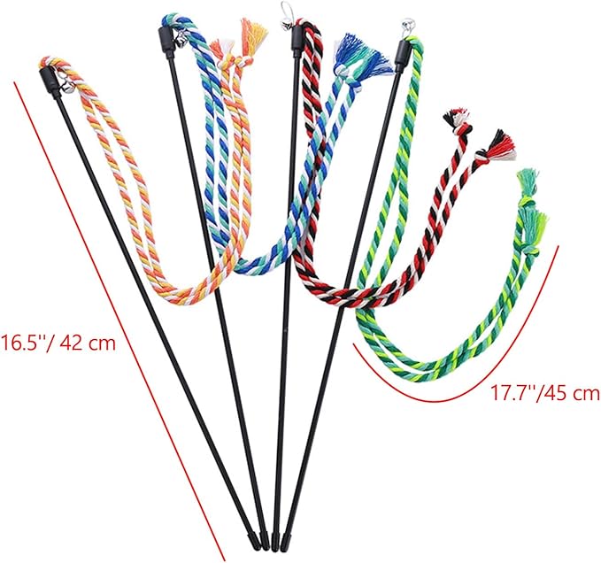IUHKBH Cat Wands, 4 PCS Colorful Rope Cat Toys Interactive Cat Teaser Wands with Bell for All Breed Sizes