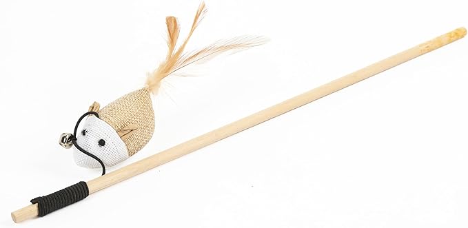 Wood Handle Teathered & Feathered Play Wand Cat Toy, for All Breed Sizes(Burlap Mouse)