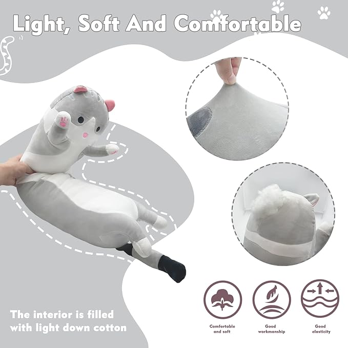Long Cat Plush Pillow, 19.6in Cute Cat Plushie Stuffed Animals Body Pillow, Grey Kawaii Kitten Soft Plushie Doll Toy Birthday Gift for Kids Girlfriend