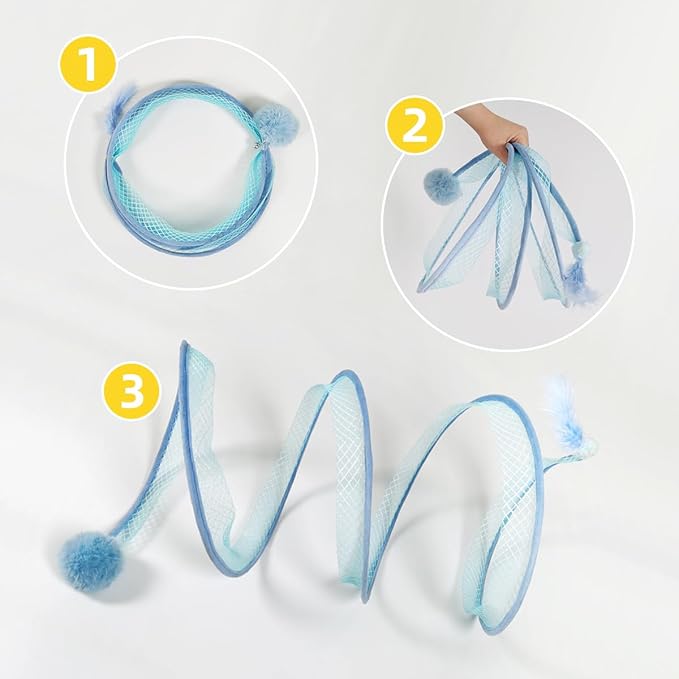 Folded Cat Tunnel, Cat Tunnel for Indoor Cats, Collapsible Cat Tunnel with Feather and Bell, Folded Cat Tubes, Cat Spring Toys for Rabbits and Cats, Portable Pet Toy (Blue)