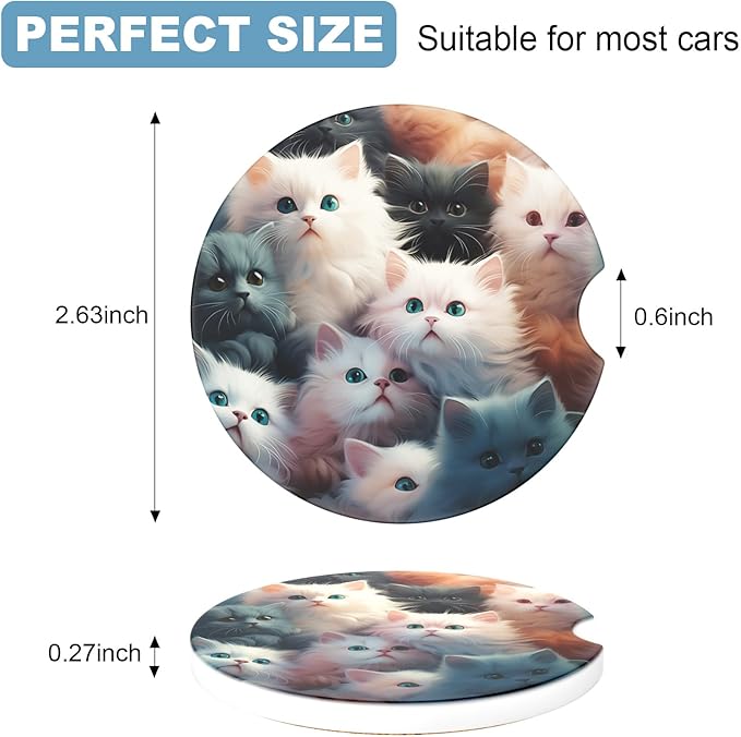2 Pack Car Cup Holder Coasters, 2.63 inch Anti Slip Insert Absorbent Ceramic Coasters with Cork Base and Finger Notch, Cute Car Accessories Interior for Women