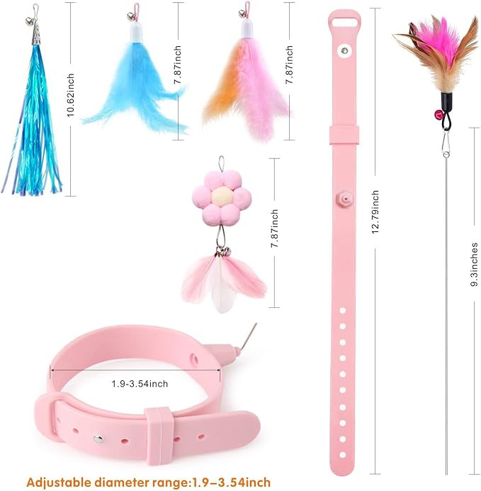 Cat Feather Collar Toys 2 Pcs Interactive Cat Toys for Indoor Cats Teasing Wand Collar Funny Cat Toy with Bell and Replaceable 4 Feathers Refills Multiple Ways for Cats to Play(Blue+Pink)