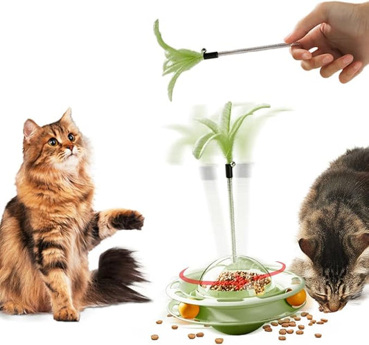2 in 1 Cat Interactive Toy Roller 3-Level Turntable Cat Toy Cat Slow Feeder Food Dispenser Cat Kitten Wand (Green-B)