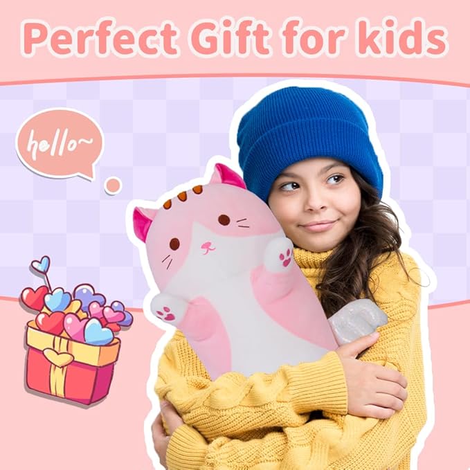 Cute Cat Plush Pillow, Pink Long Cat Stuffed Animals Soft Long Kitten Plushies Kawaii Cat Stuffed Plush Toy for Kids Girlfriend(90cm/35.4inch)