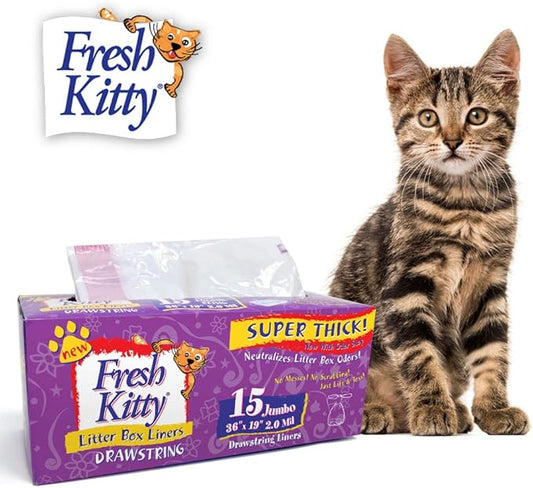 15 Count Fresh Kitty Litter Box Liners Super Thick, Durable, Easy Clean Up Jumbo Drawstring Scented Litter Pan Box Liners, Bags for Pet Cats