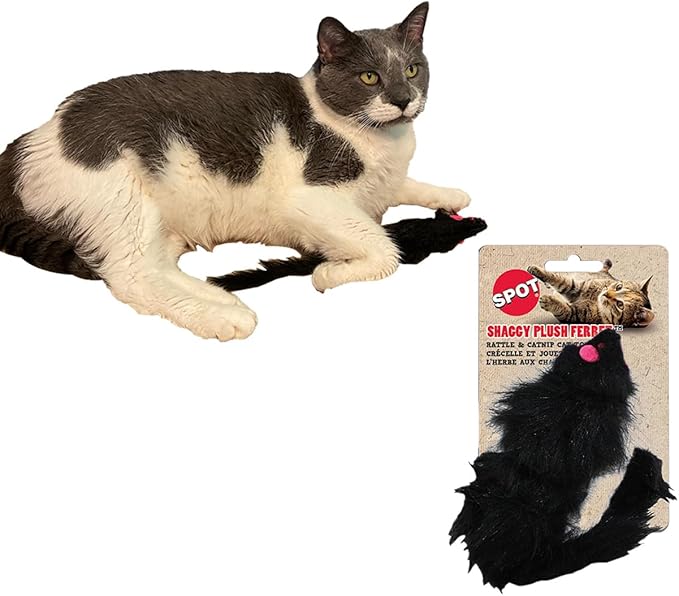 SPOT Ethical Shaggy Plush Ferret with Rattle and Catnip Cat Toy