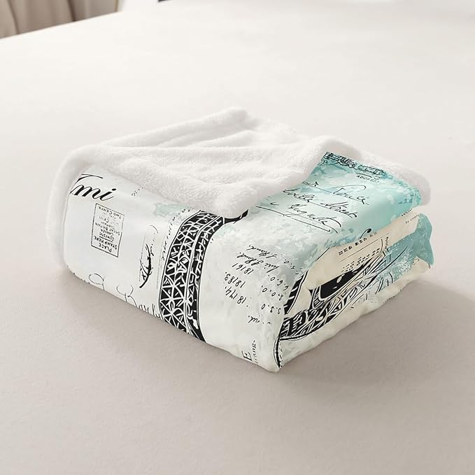 Eiffel Tower Sherpa Blanket Women Chic Retro Paris Theme Fleece Throw Blanket Vintage Paris Cityscape Plush Blanket Bedroom Decor French Teal Fuzzy Blanket Queen 90"x90"