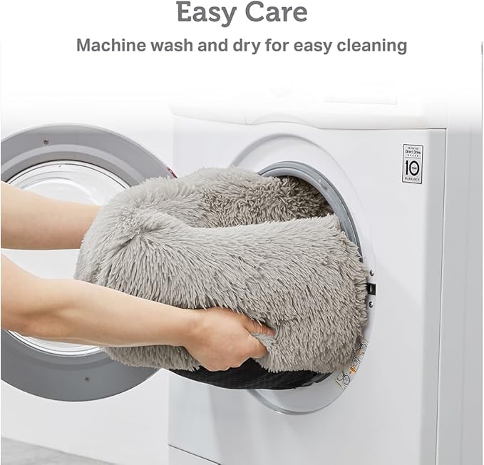 Friends Forever Luna Donut Cat Bed Cave, Soft Faux Fur Hooded Blanket Dog Couch For Indoor Pet, Fluffy Calming Plush Shag, Cozy Round Cushion, Machine Washable Cuddler, Self Warming, Grey