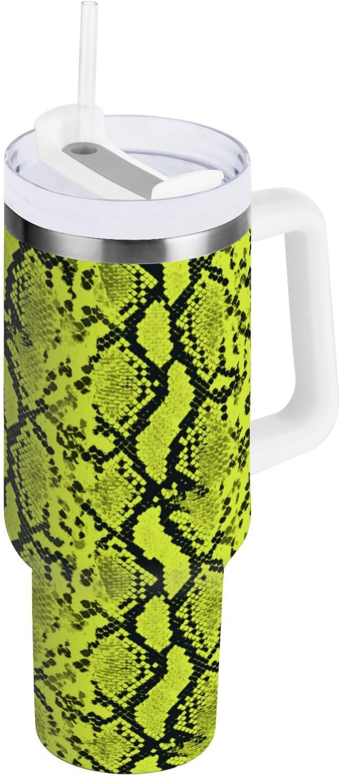 Boccsty Neon Green Snakeskin Insulated Tumblers Reusable Stainless Steel Tumbler 30 oz Cup Coffee Travel Mug Water Bottle with Handle & Flip Straw for Home Office Car