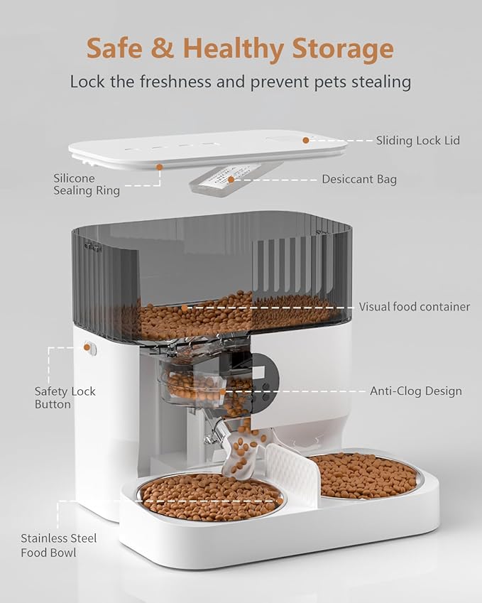 Elevated Automatic Cat Feeders for 2 Cats - 5L Timed Cat Food Dispenser with Raiser Kit & 2 Stainless Steel Bowls, 10s Meal Call Programmable Portion Control Pet Feeder for Cats & Dogs