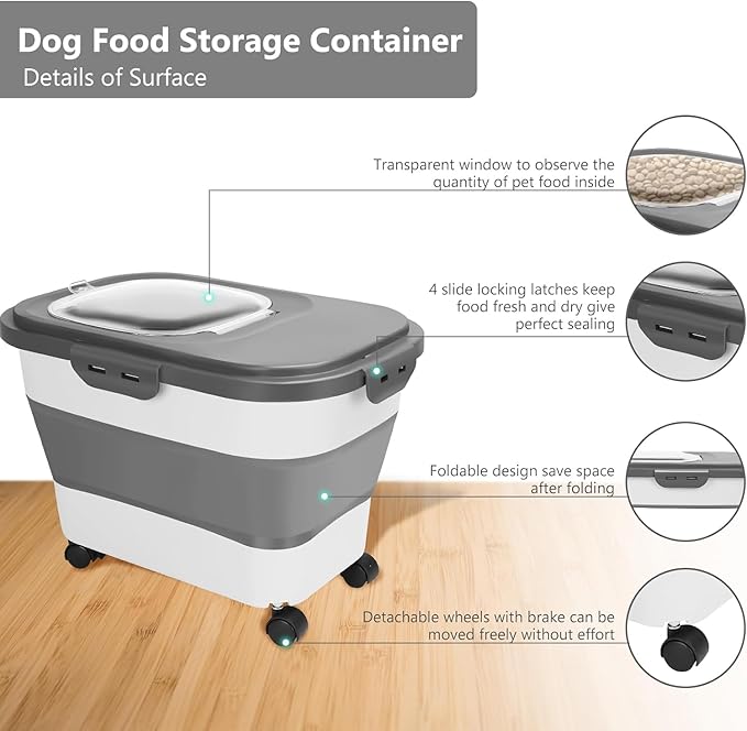 Dog Food Storage Containers 2 PCS(15/20 LB) Collapsible Dog Food Storage Container - with Measuring Cup &Scoop for Dog/Cat Food， (grey+grey)
