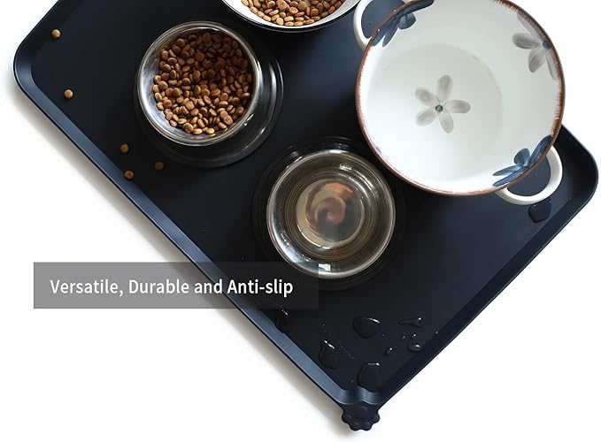 Hoki Found Large Silicone Pet Food Mats Tray - Non Slip Pet Dog Cat Bowl Mats Placemat - Dog Pet Cat Feeding Mat - Pet Water Mats for Floors- Waterproof Dog Cat Food Mats - Black