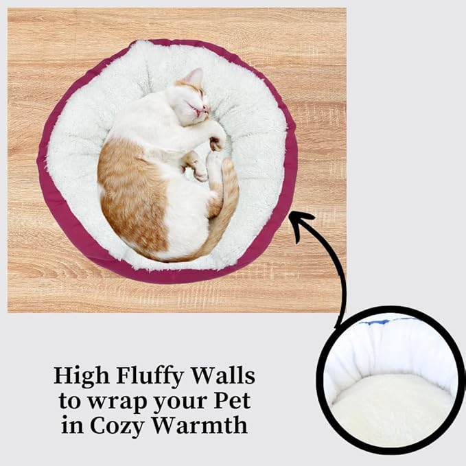 Evelots Warm Pet Bed for Cats or Small Dogs - Calming, Anti-Anxiety, Soft, Cozy Donut Cuddler -Removeable Fluffy Sherpa Insert- Machine Washable -Fleece Lining- Non-Slip Bottom -Assorted Colors