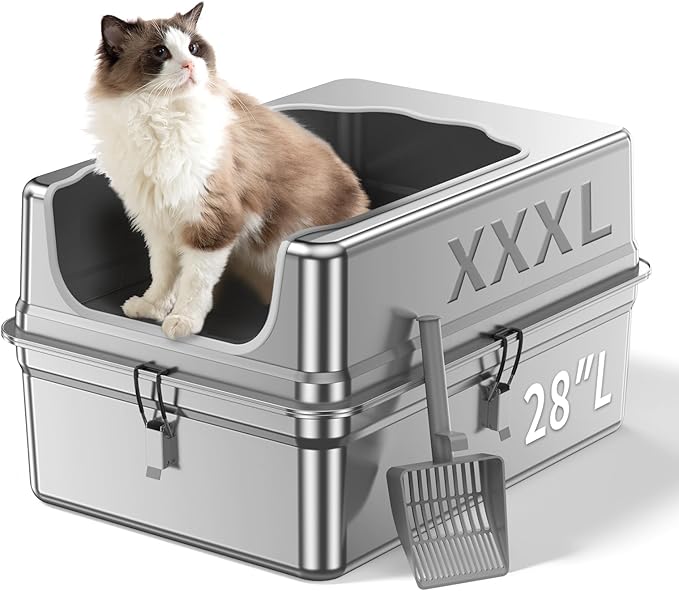 All-Metal Extra Large 28" x 20" Litter Box Pan for Big Cats Maine Ragdoll Metal Large Enclosed Stainless Steel Litterbox with Metal Lid + Litter Scoop, Non-Sticky, Anti-Leakage, Easy Cleaning