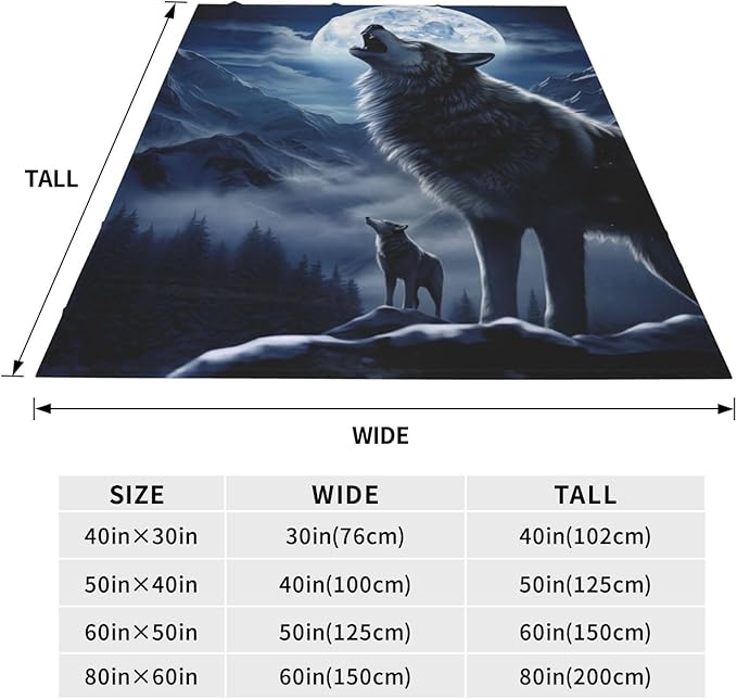 Snowy Mountain Wolf Blanket Gifts Moonlit Night Wolves Flannel Throw Blankets for Home Decor Couch Bed Sofa Soft Fuzzy Lightweight for All Season 60x50 Inches