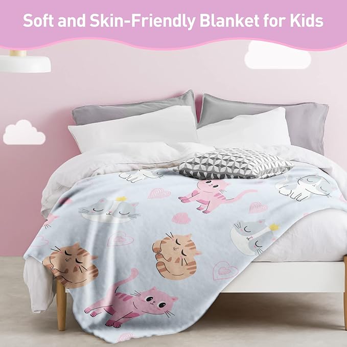 Cat Themed Blanket for Girls, Kitten Throw Flannel Soft Warm Plush Cute Cats Blanket for Kids Women Cat Lovers, All Season Bed Couch Living Room Decor 50"x60"