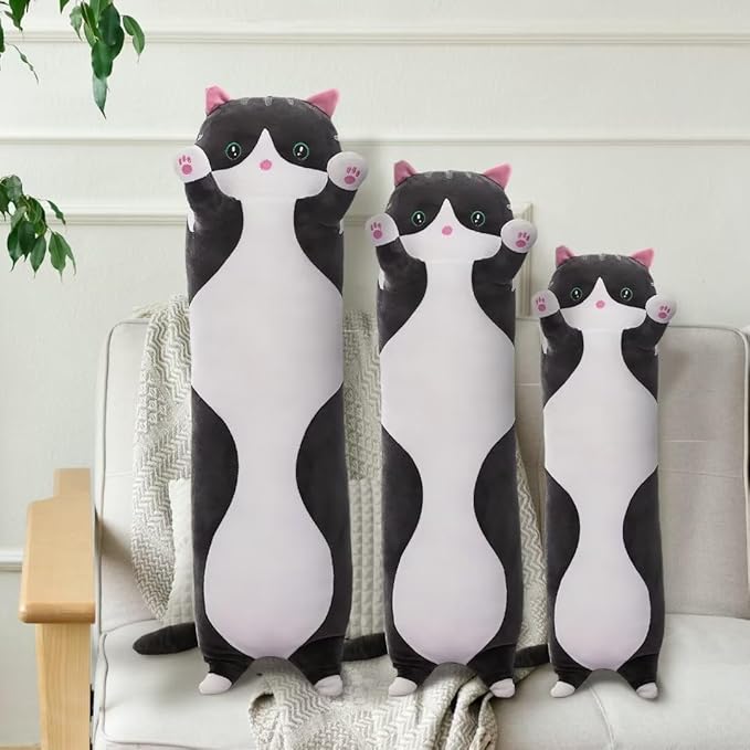 Cute Long Plush Cat Pillow,Soft Plushie Stuffed Animal Toy,Gift for Kids Girlfriend (Black, 35.4inch/90cm)