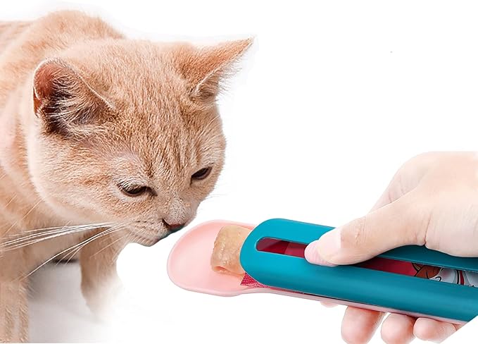 Cat Wet Treats Dispense Spoon，Treat Squeeze Spoon， Feeding & Watering Supplies Wet Cat Food Storage pet Food Spoon(Green and pink)