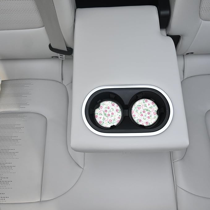 Car Coasters for Drinks Absorbent,2 Pack Cup Holders,2.56" Ceramic Stone & Non-Scratch Cork Base Coasters,Auto Accessories for Women & Men(Pink Flowers).