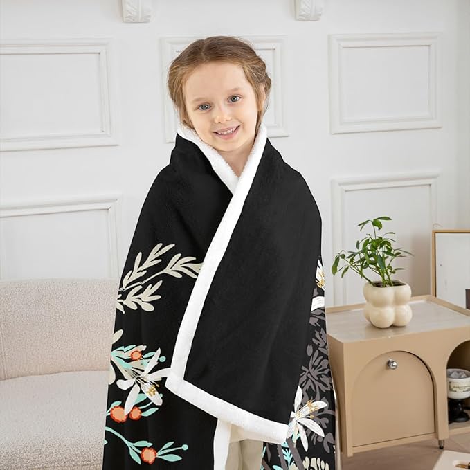 Feelyou Dragonfly Sherpa Blanket Queen 90x90 Inches Botanical Floral Fleece Throw Blanket for Kids Girls Teens Women Bedroom Decor Nature Animals Branches for Sofa Bed Couch Black