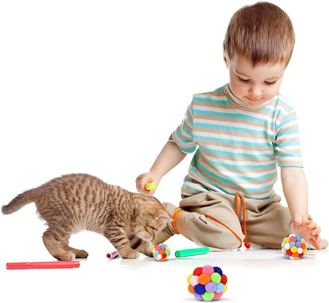TUSATIY Cat Toy Balls with Bell 3PCS, Colorful Soft Fuzzy Balls Built-in Bell for Cats, Interactive Playing Chewing Toys for Indoor Cats and Kittens