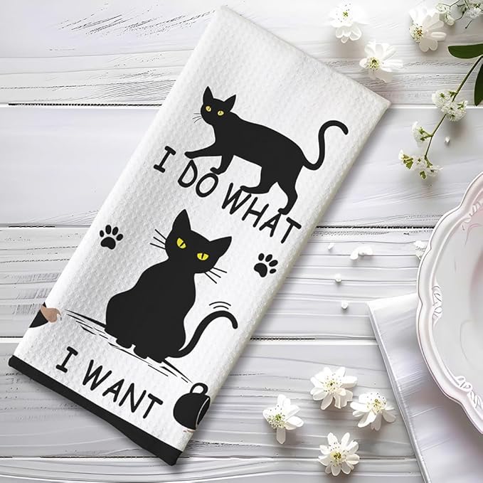Cat Hand Towel, Black, Polyester, Farmhouse Style, Cat Pattern, Kitchen Decoration