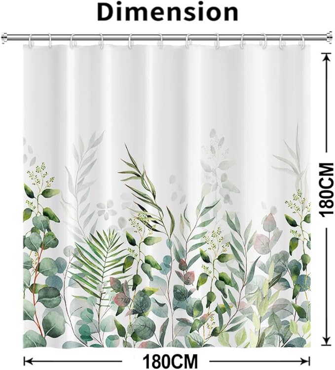 AWERT Shower Curtain Plants for Bathroom,Waterproof Quick-Drying Green Leaves Shower Curtain Set with Hooks 72x72 Inch