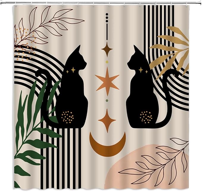 Boho Mid Century Black Cat Shower Curtain Black Beige Retro Abstarct Moon Stsr Boho Abstract Geometric Arch Minimalist 1950s 60s 70s Fabric Bathroom Decor Curtain Sets with Hooks,Beige Black