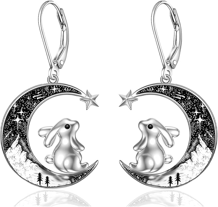 Black Cat/Bat/Spider/Pumpkin/Wolf/Bunny/Sun and Moon/Turtle/Raven 925 Sterling Silver Leverback Dangle Earrings Moon Gothic Christmas Earrings Jewelry Gift for Women