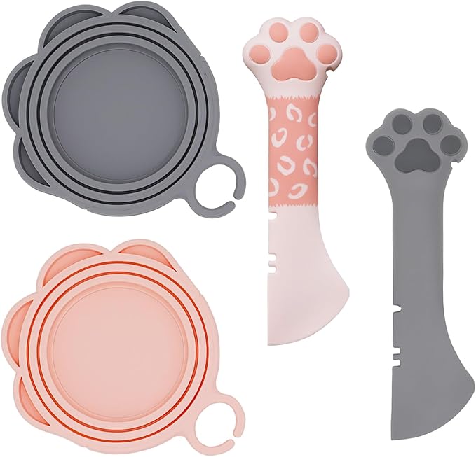4 Pcs Cat Food Can Spoon & Can Covers | Cute Paw Silicone Pet Food Can Opener Spatula & Can Lids | Stainless Steel Wet Food Spoon for Cats and Dogs(Pink+Grey)