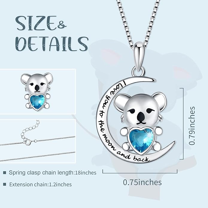 925 Sterling Silver Pig/Koala/Frog/Cat Horse Necklace I Love You to the Moon and Back Cute Animal Love Heart Moon Pendant Necklaces Jewelry Birthday Gifts for Women Best Friends