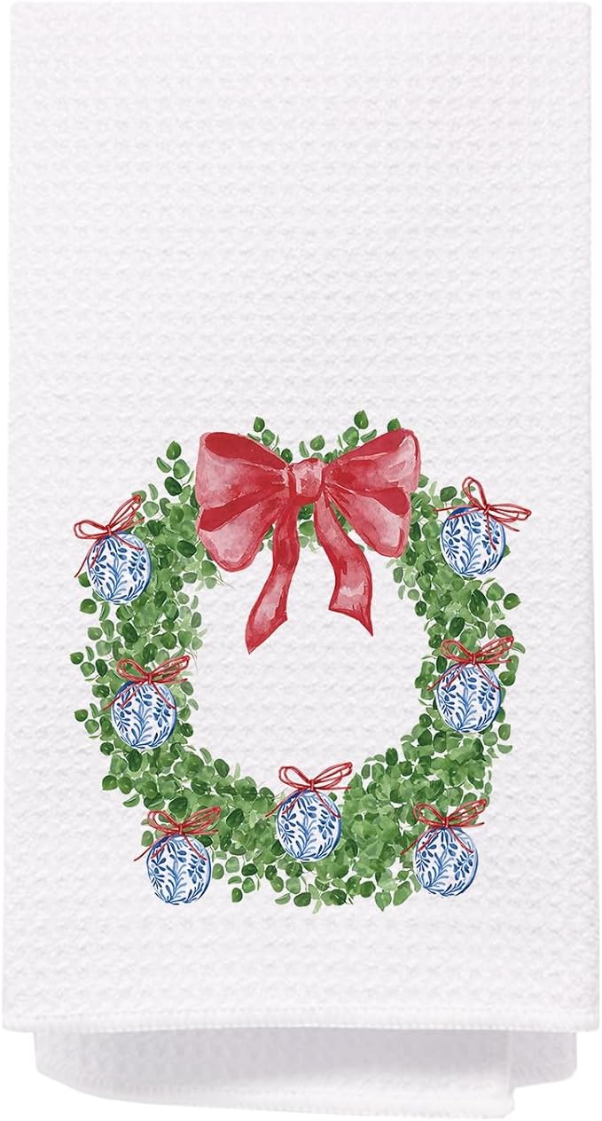 SPBL&L Chinoiserie Christmas Red Bow Wreath Decorative Hand Towels for Bathroom, Kitchen Dish Towels, 16x24 Inch