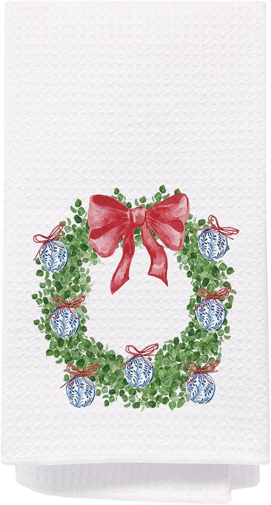 SPBL&L Chinoiserie Christmas Red Bow Wreath Decorative Hand Towels for Bathroom, Kitchen Dish Towels, 16x24 Inch