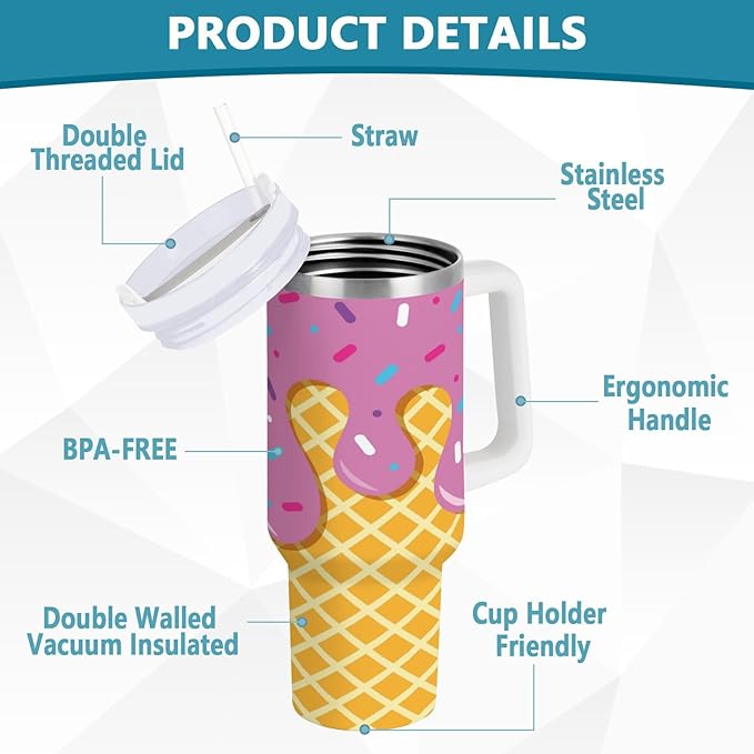 Boccsty Waffle Ice Cream Cone Pink Insulated Tumblers Reusable Stainless Steel Tumbler 30 oz Cup Coffee Travel Mug Water Bottle with Handle & Flip Straw for Home Office Car
